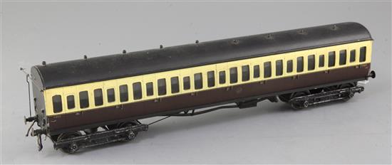 A scratchbuilt GWR Suburban coach, no. 1385, in chocolate and cream